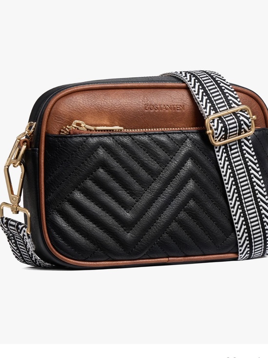 Bostanten Handbags - BOSTANTEN Black & Brown Quilted Crossbody Bag with Patterned Strap